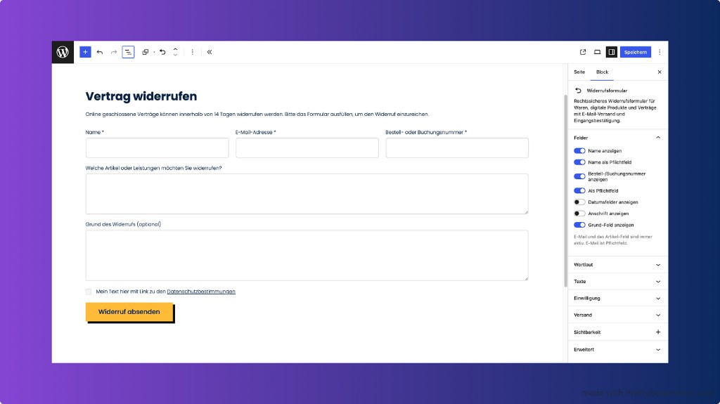 Widerrufsformular im Gutenberg Editor mit Block-Einstellungen